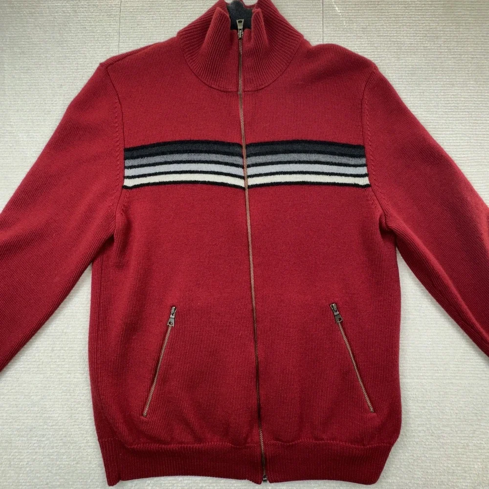 Banana Republic Full Zip Sweater Mens S Red Striped Mock Neck Wool‎ Blend Pocket